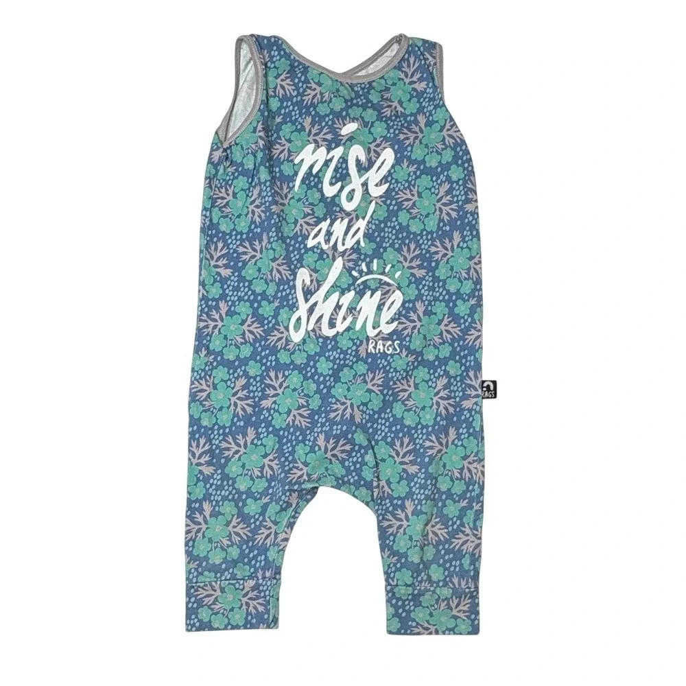 RAGS to Raches Saying Rise and Shine Blue Sleeveless Romper 3/4T Hippie Flower